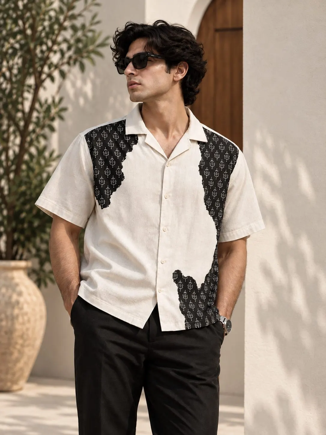 Ivory Patchwork Camp Collar Shirt